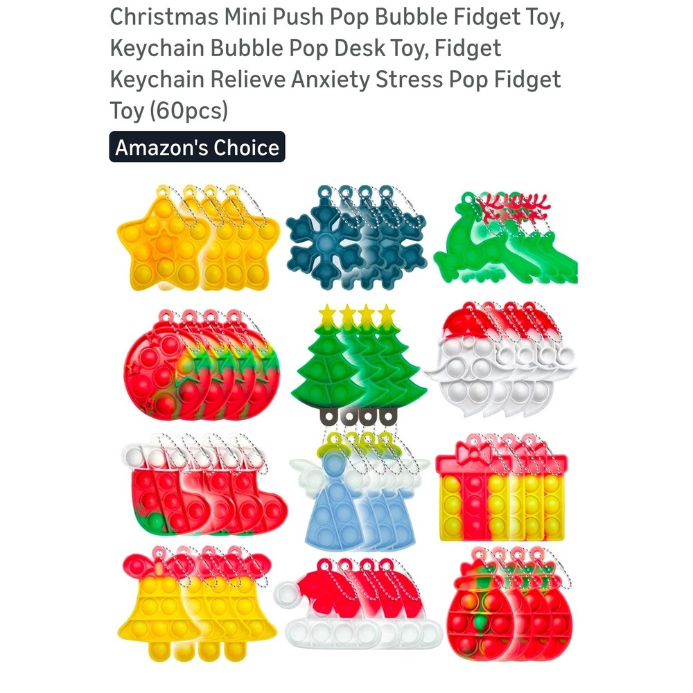 60pc Christmas Mini Push Pop Bubble Fidget Toy Keychain Bulk‎ Holiday